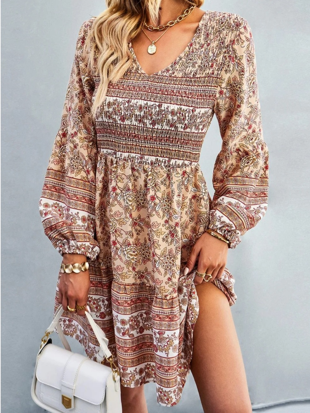 Anna Kaci Womens Boho Smocked V Neck Balloon Sleeve Paisley Dress, Size XL